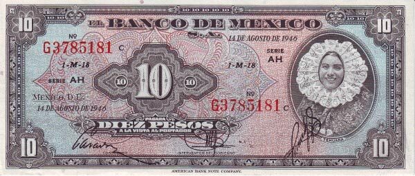 墨西哥 Pick 047a 1946.8.14年版10 Pesos 纸钞 