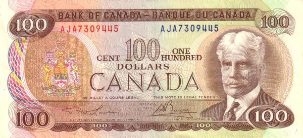 加拿大 Pick 091a 1975年版100 Dollars 纸钞 