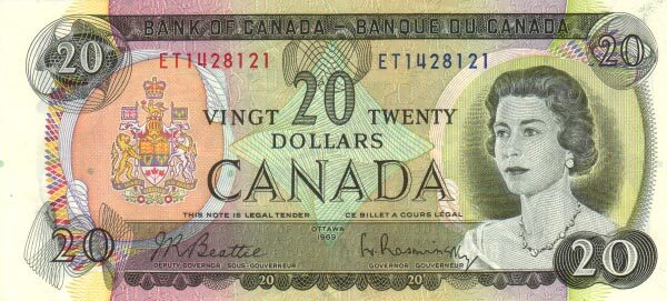 加拿大 Pick 089a 1969年版20 Dollars 纸钞 