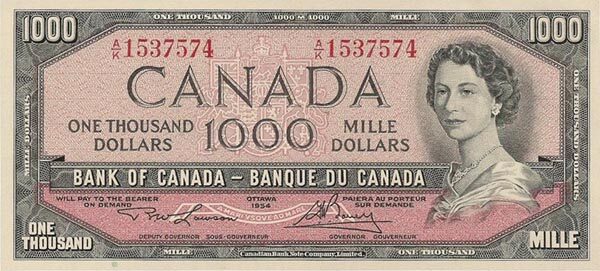 加拿大 Pick 083d 1954年版1,000 Dollars 纸钞 