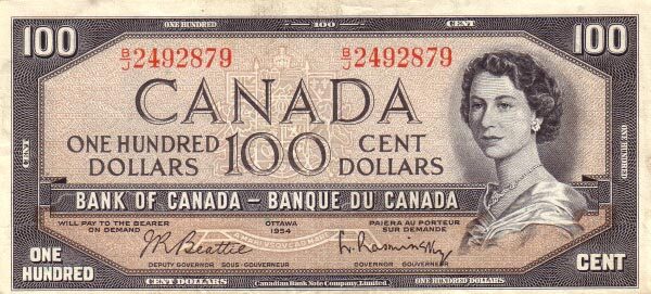 加拿大 Pick 082b 1954年版100 Dollars 纸钞 