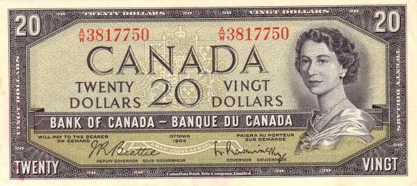 加拿大 Pick 080b 1954年版20 Dollars 纸钞 