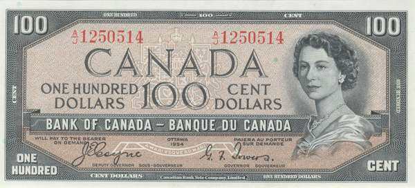 加拿大 Pick 072a 1954年版100 Dollars 纸钞 