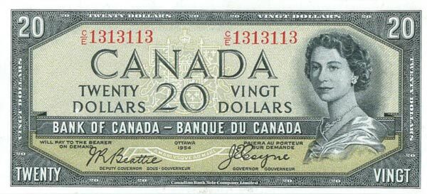 加拿大 Pick 070b 1954年版20 Dollars 纸钞 
