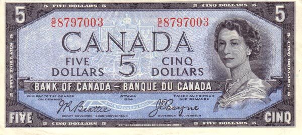 加拿大 Pick 068b 1954年版5 Dollars 纸钞 