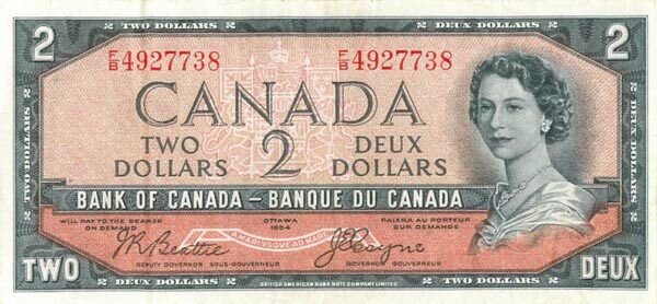 加拿大 Pick 067b 1954年版2 Dollars 纸钞 
