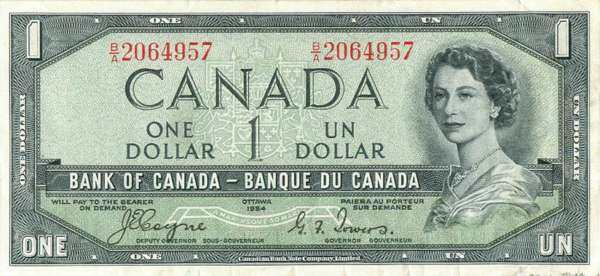加拿大 Pick 066a 1954年版1 Dollar 纸钞 