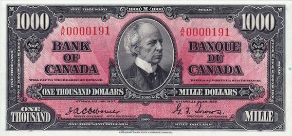 加拿大 Pick 065 1937.1.2年版1000 Dollars 纸钞 