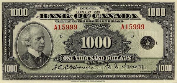 加拿大 Pick 056 1935年版1,000 Dollars 纸钞 