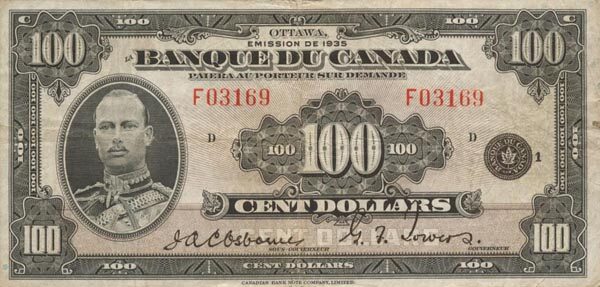 加拿大 Pick 053 1935年版100 Dollars 纸钞 