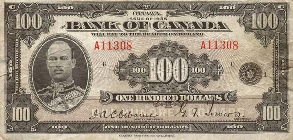 加拿大 Pick 052 1935年版100 Dollars 纸钞 