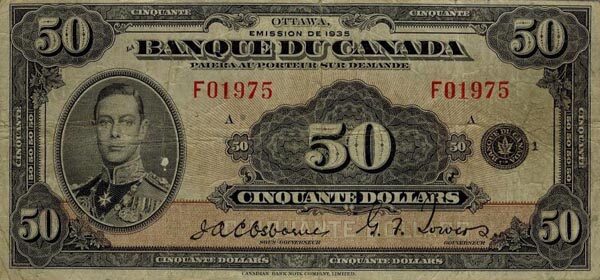加拿大 Pick 051 1935年版50 Dollars 纸钞 