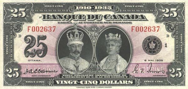 加拿大 Pick 049 1935.5.6年版25 Dollars 纸钞 