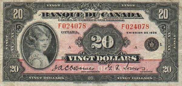 加拿大 Pick 047 1935年版20 Dollars 纸钞 