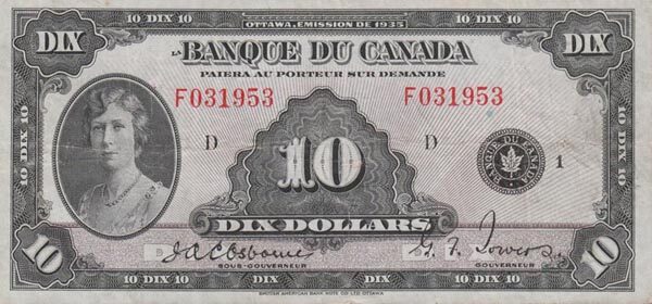 加拿大 Pick 045 1935年版10 Dollars 纸钞 