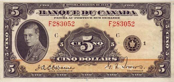 加拿大 Pick 043 1935年版5 Dollars 纸钞 