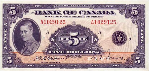 加拿大 Pick 042 1935年版5 Dollars 纸钞 