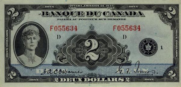 加拿大 Pick 041 1935年版2 Dollars 纸钞 
