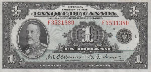 加拿大 Pick 039 1935年版1 Dollar 纸钞 