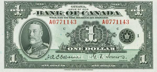 加拿大 Pick 038 1935年版1 Dollar 纸钞 