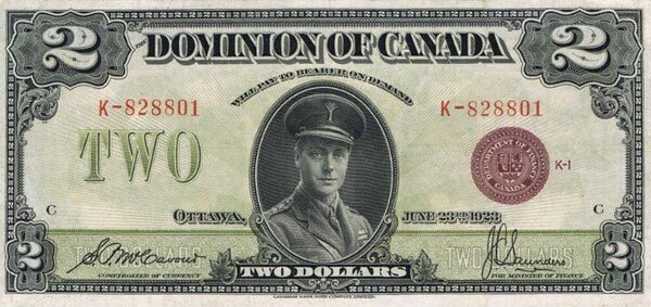 加拿大 Pick 034j 1923年版2 Dollars 纸钞 