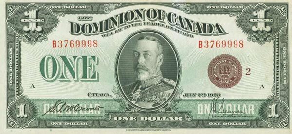 加拿大 Pick 033e 1923.7.2年版1 Dollar 纸钞 