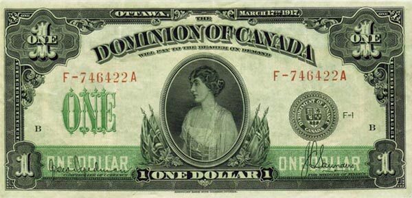 加拿大 Pick 032d 1917.3.17年版1 Dollar 纸钞 