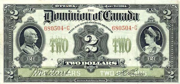 加拿大 Pick 031a 1914.1.2年版2 Dollars 纸钞 
