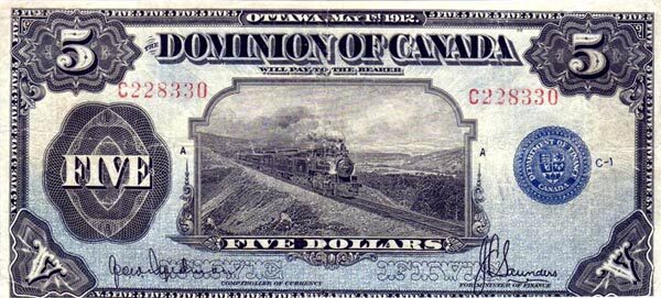 加拿大 Pick 030g 1912.1.5年版5 Dollars 纸钞 