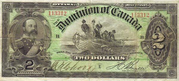 加拿大 Pick 023Ab 1897.7.2年版2 Dollars 纸钞 