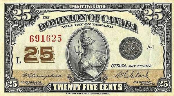 加拿大 Pick 011c 1923.7.2年版25 Cents 纸钞 