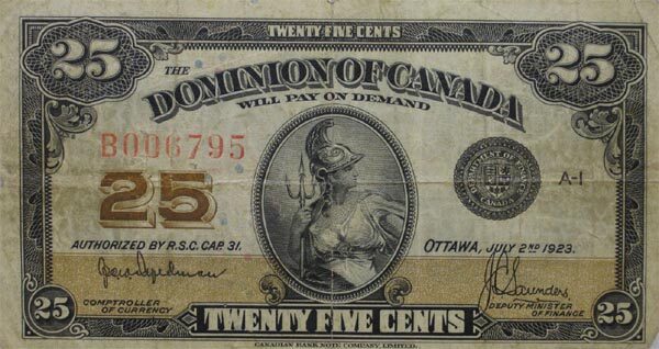 加拿大 Pick 010 1923.7.2年版25 Cents 纸钞 