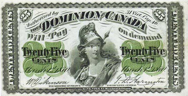 加拿大 Pick 008a 1870.3.1年版25 Cents 纸钞 