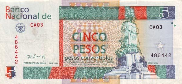 古巴 Pick FX39 1994年版5 Pesos Convertibles 纸钞 