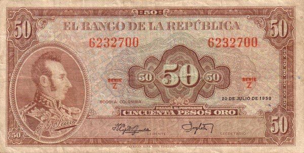 哥伦比亚 Pick 402a 1958.7.20年版50 Pesos Oro 纸钞 