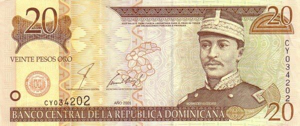多米尼加 Pick 169a 2001年版20 Peso Oro 纸钞 