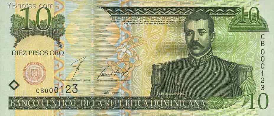多米尼加 Pick 168 2001年版10 Peso Oro 纸钞 
