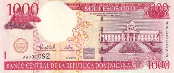 多米尼加 Pick 163 2000年版1000 Pesos Oro 纸钞 