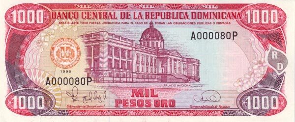 多米尼加 Pick 158 1996年版1000 Pesos Oro 纸钞 