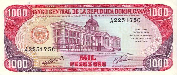 多米尼加 Pick 142 1992年版1000 Pesos Oro 纸钞 
