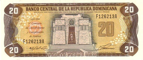 多米尼加 Pick 139 1992年版20 Pesos Oro 纸钞 156x67