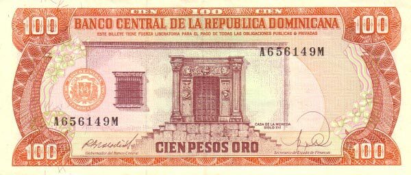 多米尼加 Pick 128a 1988年版100 Pesos Oro 纸钞 