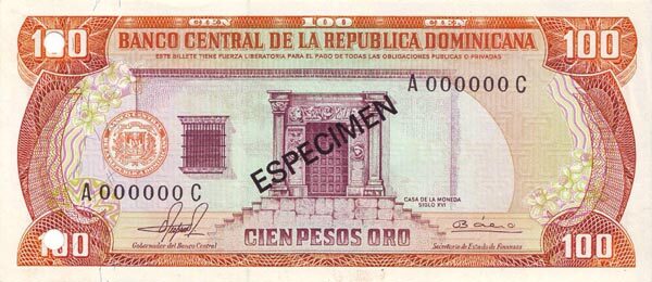 多米尼加 Pick 125A 1982.10.22年版100 Pesos Oro 纸钞 