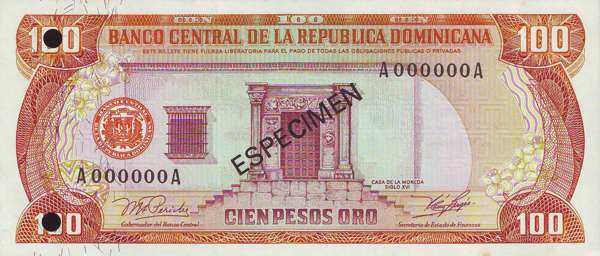 多米尼加 Pick 125 1978.8.15年版100 Pesos Oro 纸钞 