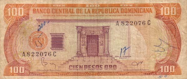 多米尼加 Pick 122b 1984年版100 Pesos Oro 纸钞 