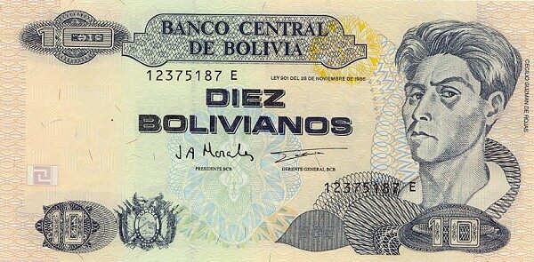 玻利维亚 Pick 204c L.1986年版10 Bolivianos 纸钞 