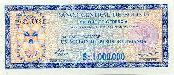 玻利维亚 Pick 192C D.1985年版1000000 Pesos Bolivianos 纸钞 