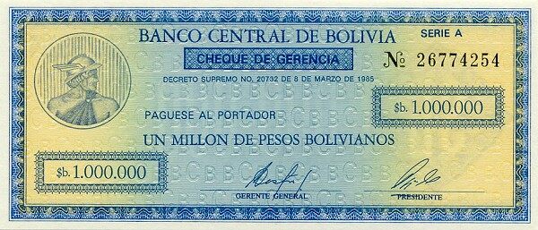 玻利维亚 Pick 190 D.1985年版1000000 Pesos Bolivianos 纸钞 