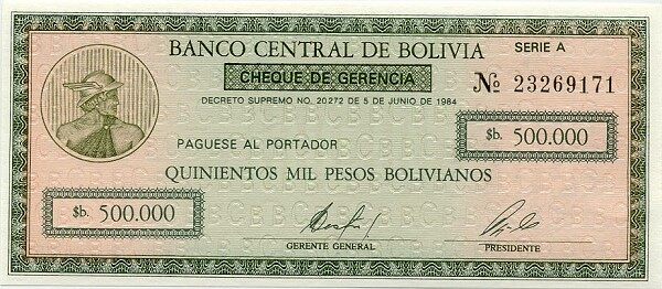 玻利维亚 Pick 189 D.1984年版500000 Pesos Bolivianos 纸钞 