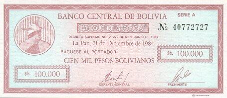 玻利维亚 Pick 188 1984.12.21年版100000 Pesos Bolivianos 纸钞 